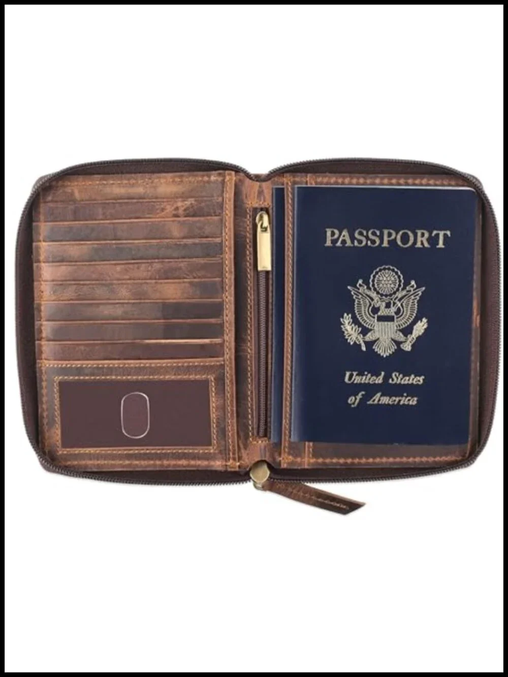 Full Grain Leather RFID Blocking Passport Wallet Travel Document Holder Zip